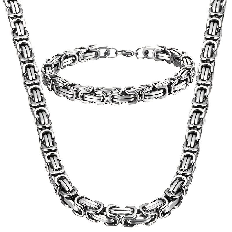 304 Stainless Steel Mens Byzantine Chain Plated Jewelry Set